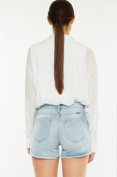Kancan High Rise Side Slit Denim Shorts OutfitFlow